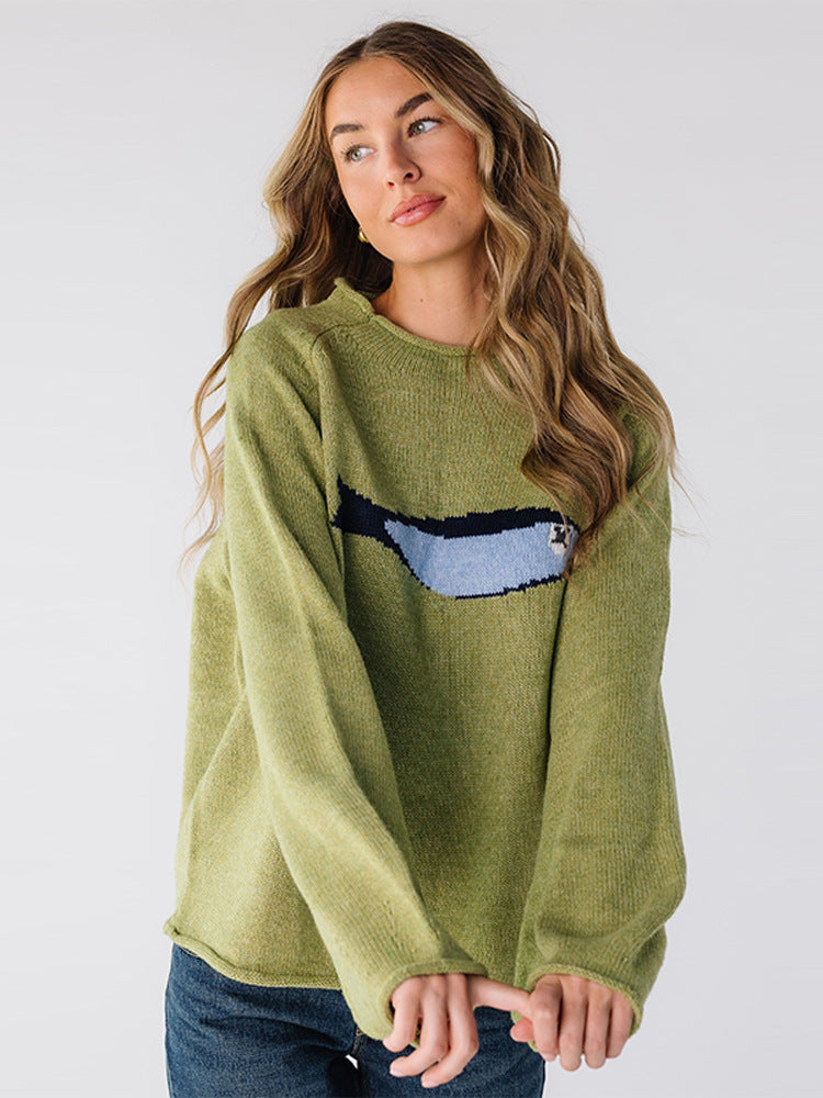 Pull Rétro à Col Rond en Maille pour Femme