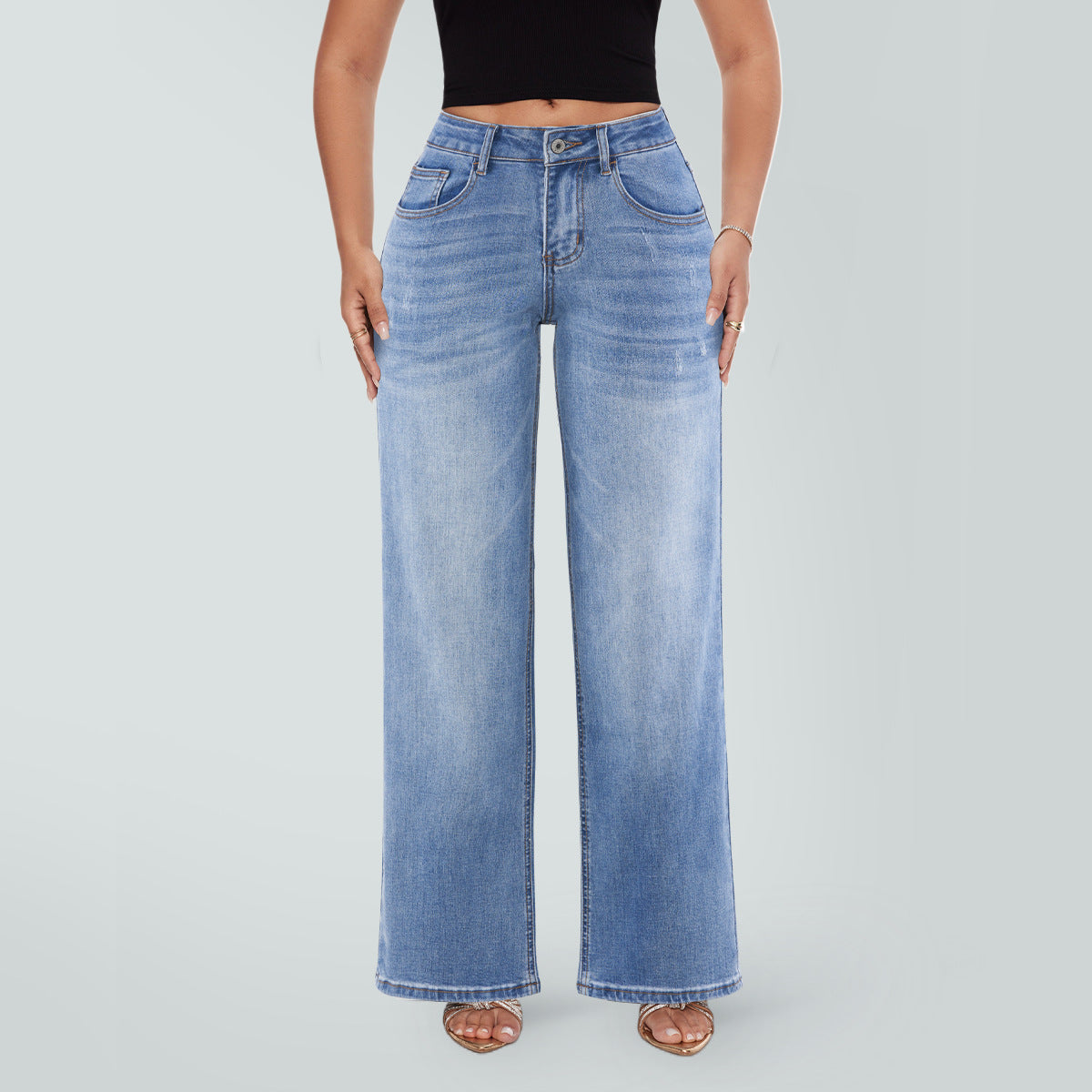 Jean Taille Basse Coupe Droite Décontracté pour Femme